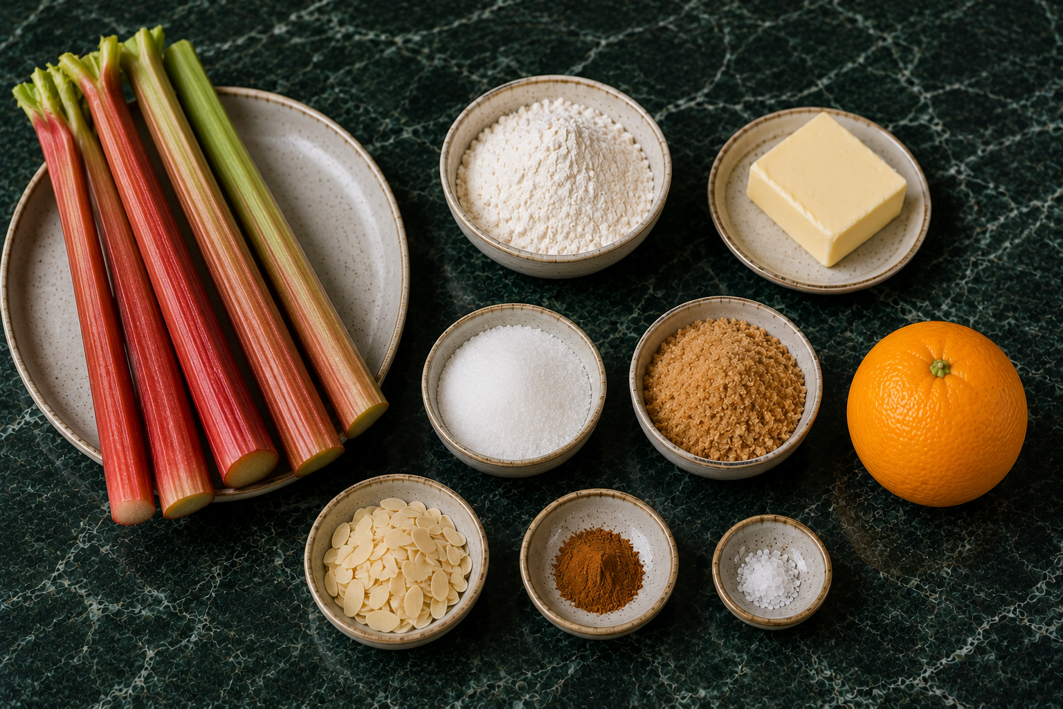 Ingrediënten voor Rabarbercrumble met sinaasappel en amandel