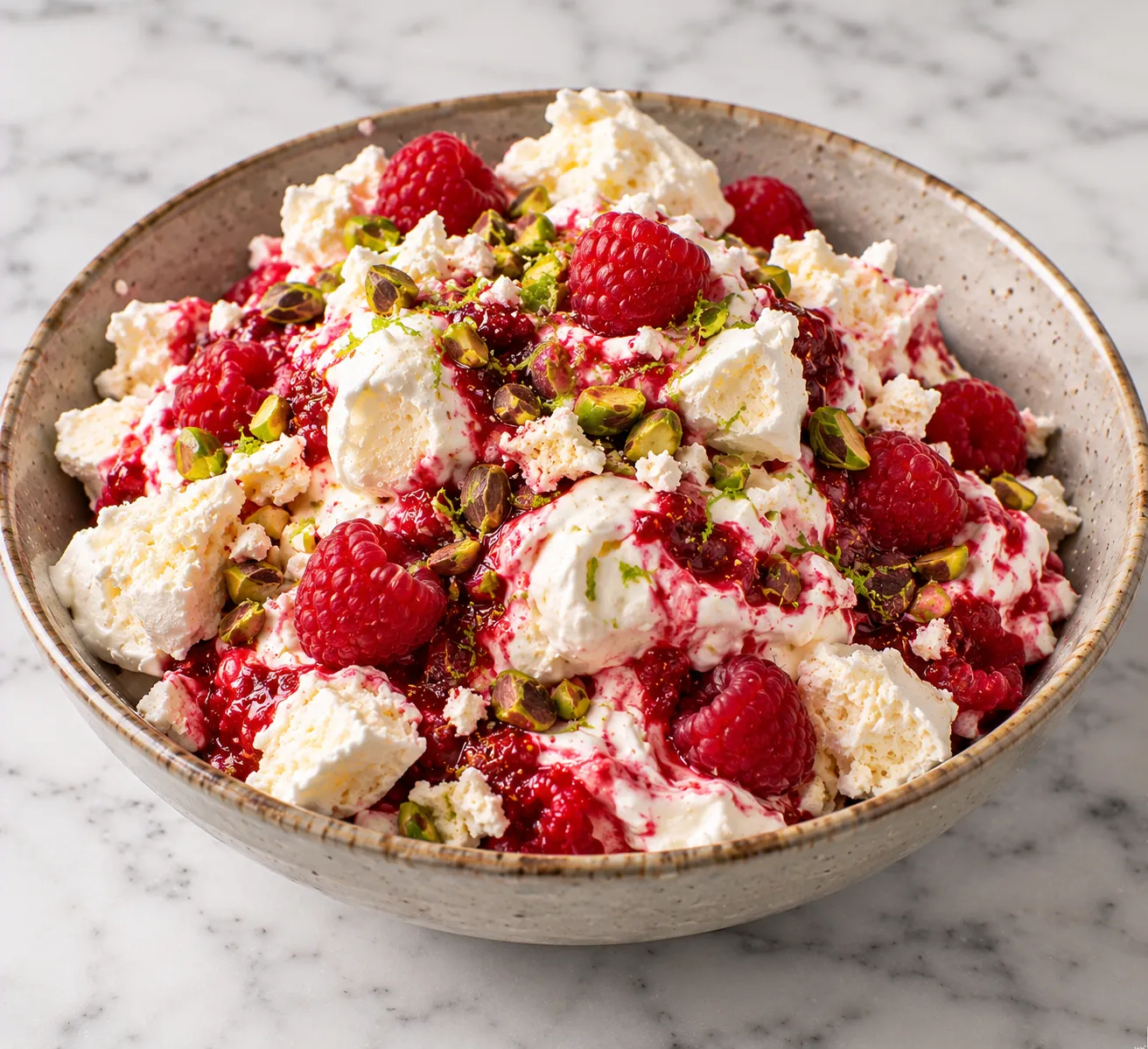 Eton Mess with raspberry, lime & pistachio