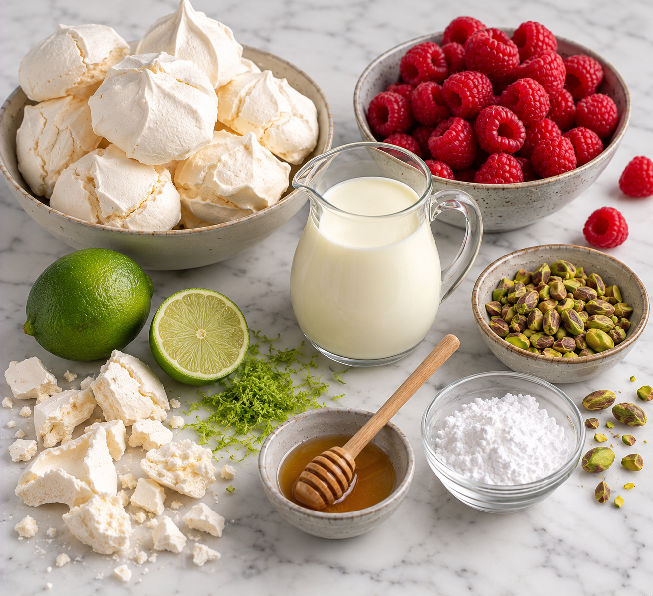 Ingrediënten voor Eton Mess met framboos, limoen & pistache
