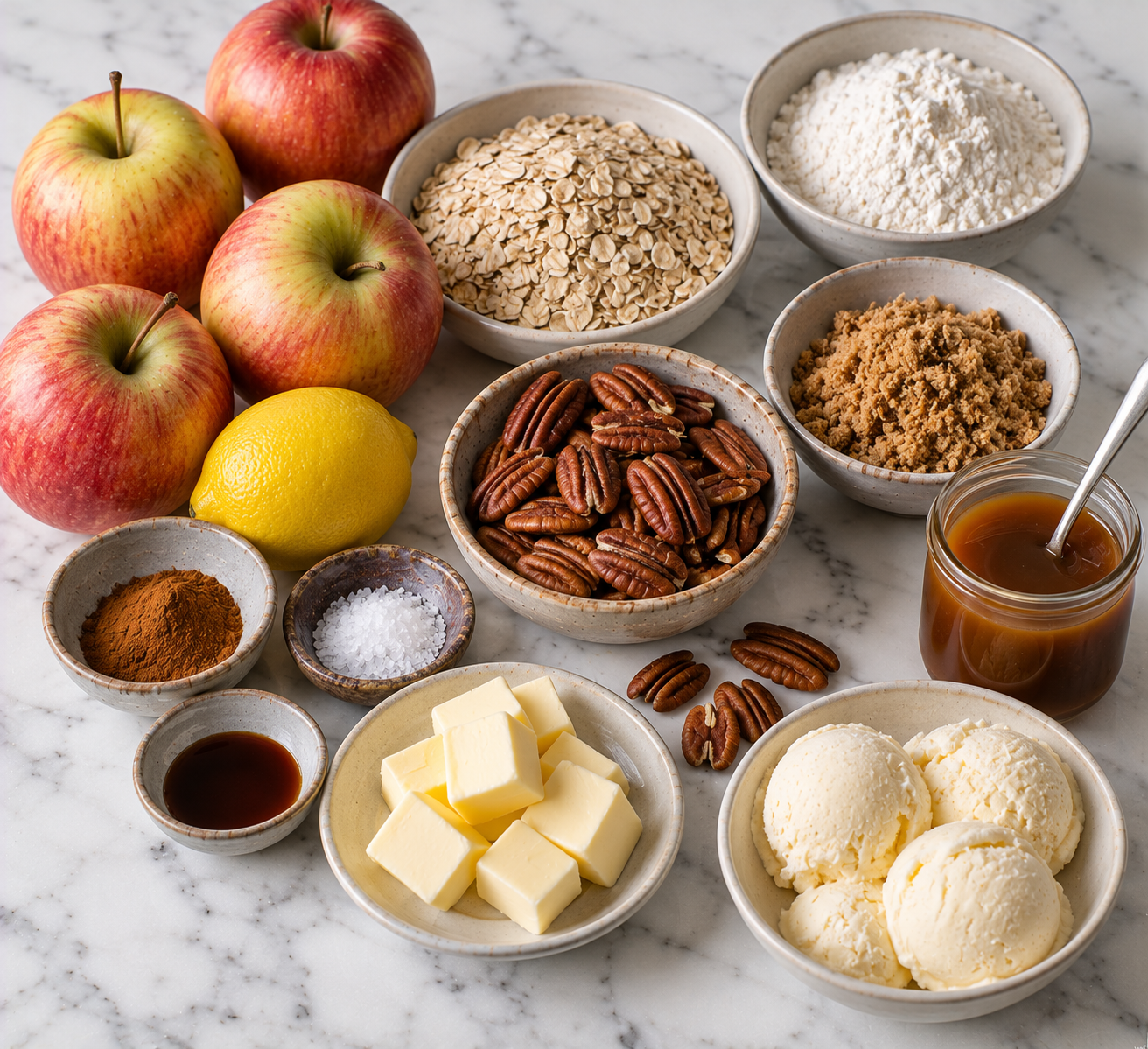 Ingrediënten voor Warme appelcrumble met karamel & pecan