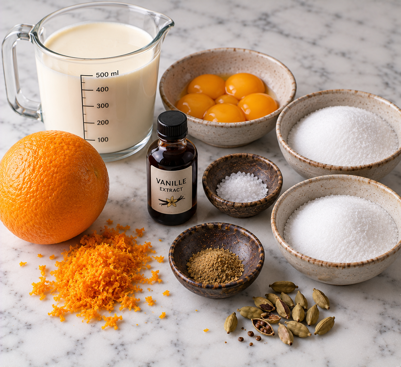 Ingrediënten voor Crème brûlée met sinaasappel & kardemom