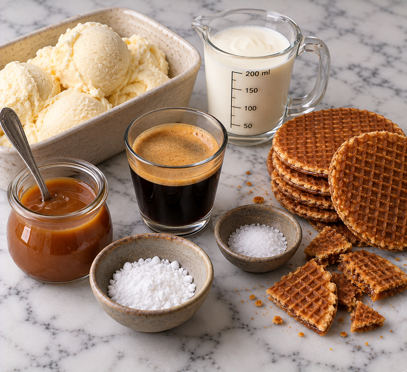 Ingrediënten voor Stroopwafel-ijsdessert met koffie & gezouten karamel