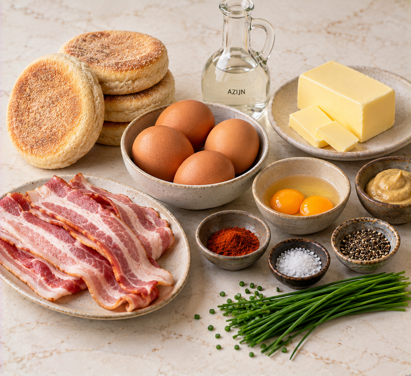 Ingrediënten voor Eggs Benedict met bacon & mosterd-hollandaise
