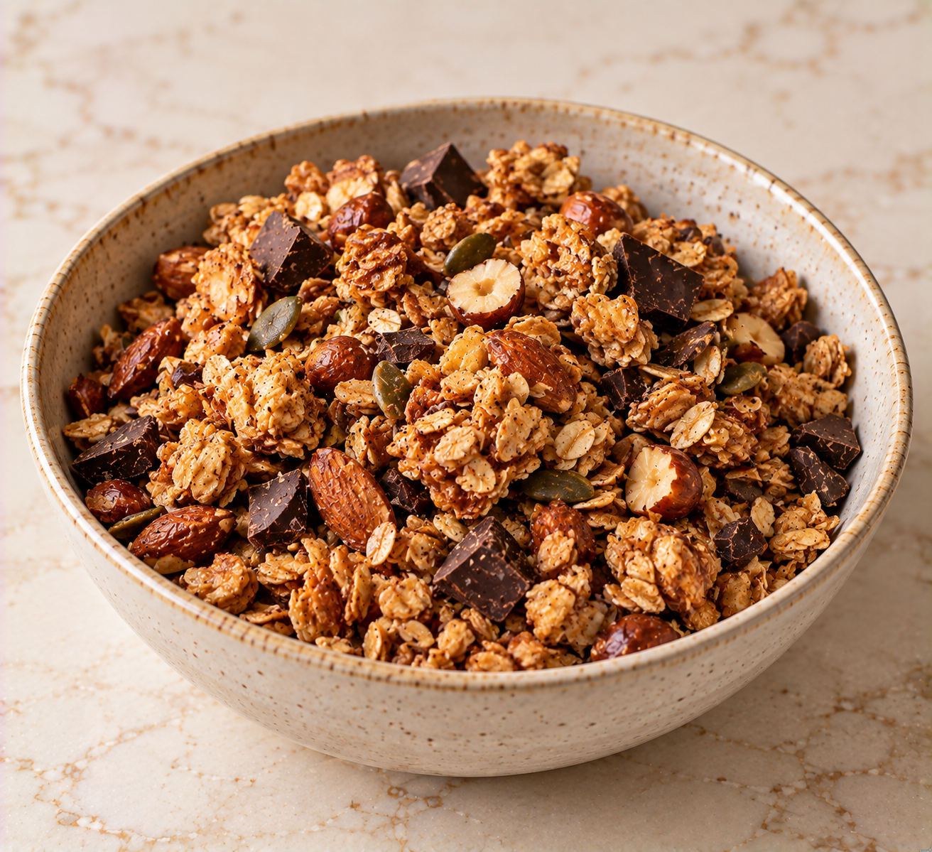 Krokante granola met kaneel & pure chocolade