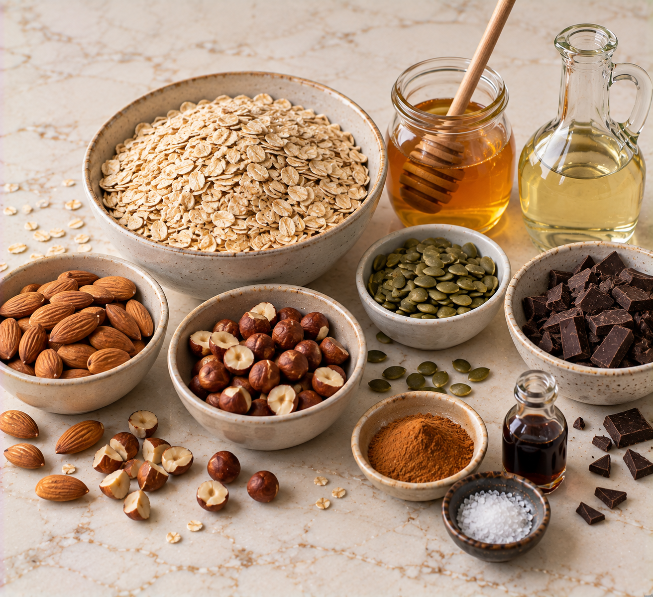 Ingrediënten voor Krokante granola met kaneel & pure chocolade