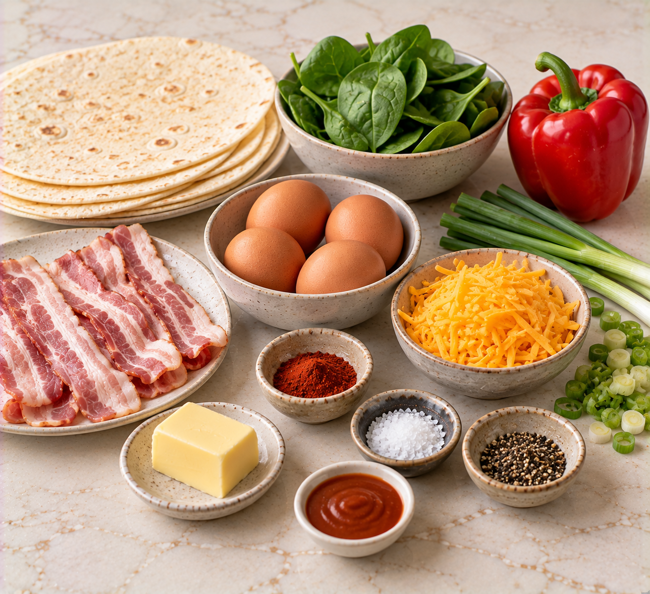 Ingrediënten voor Pannenkoek met roerei, cheddar & bacon