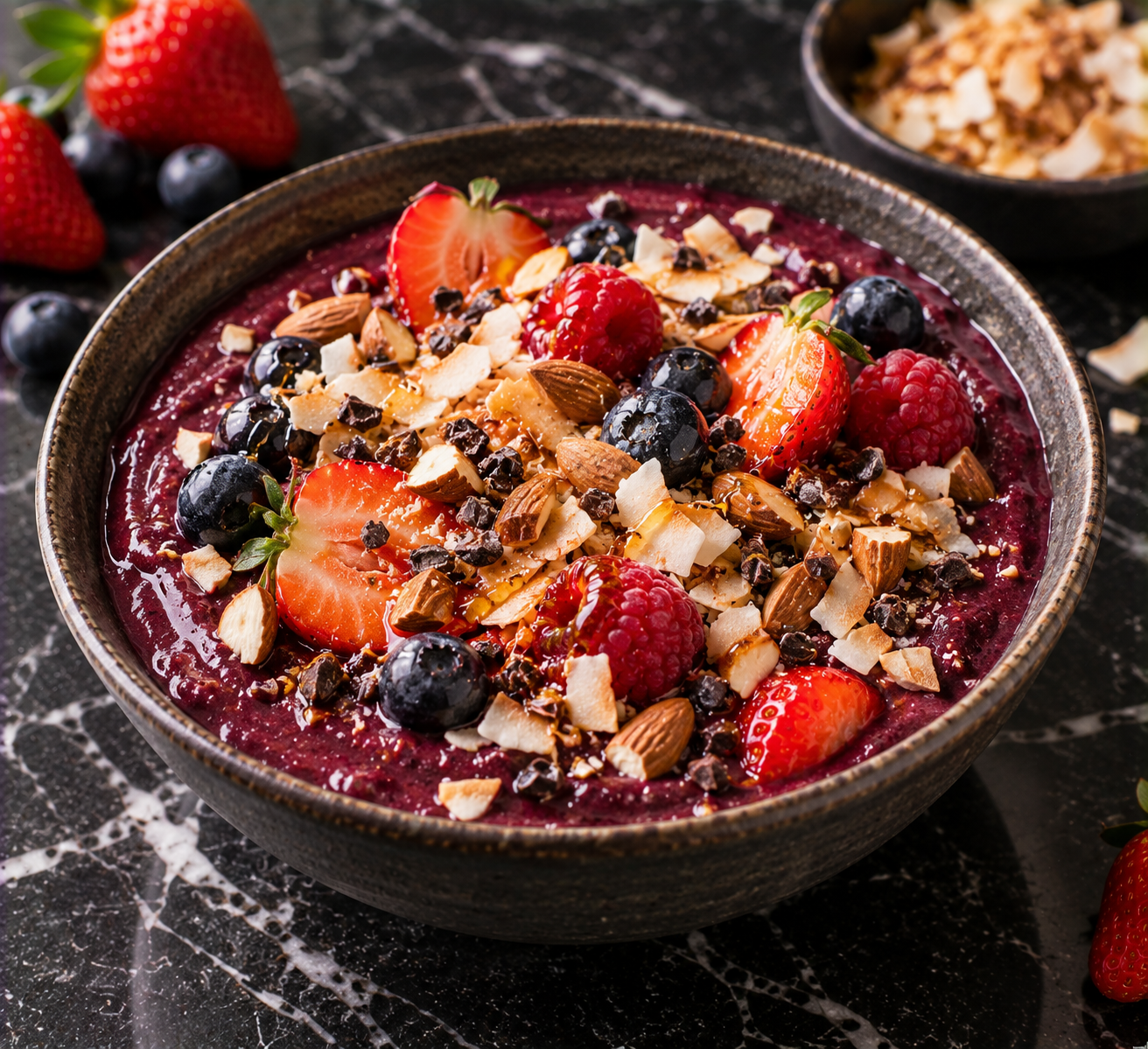 Bosvruchten-smoothiebowl met kokoscrunch