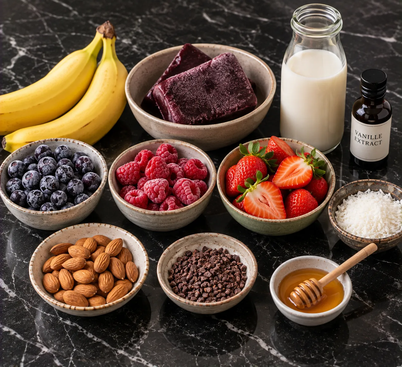 Ingredients for Forest Fruit Smoothie Bowl with Coconut Crunch
