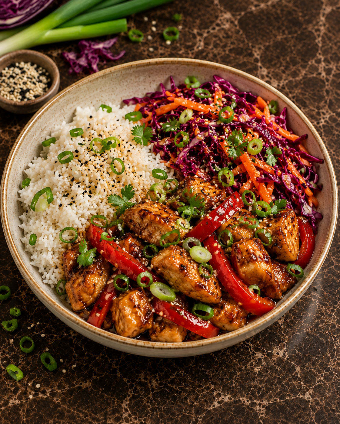 Sticky honey garlic chicken met frisse koolsla