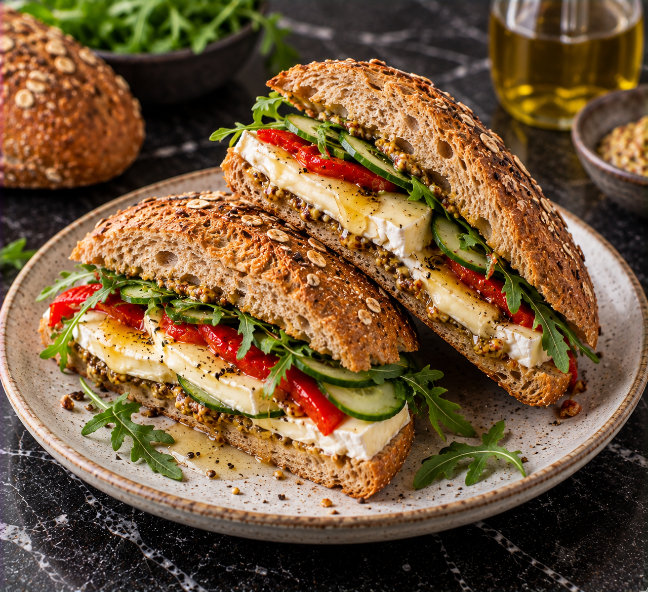 Krokant broodje brie met komkommer & honingmosterd