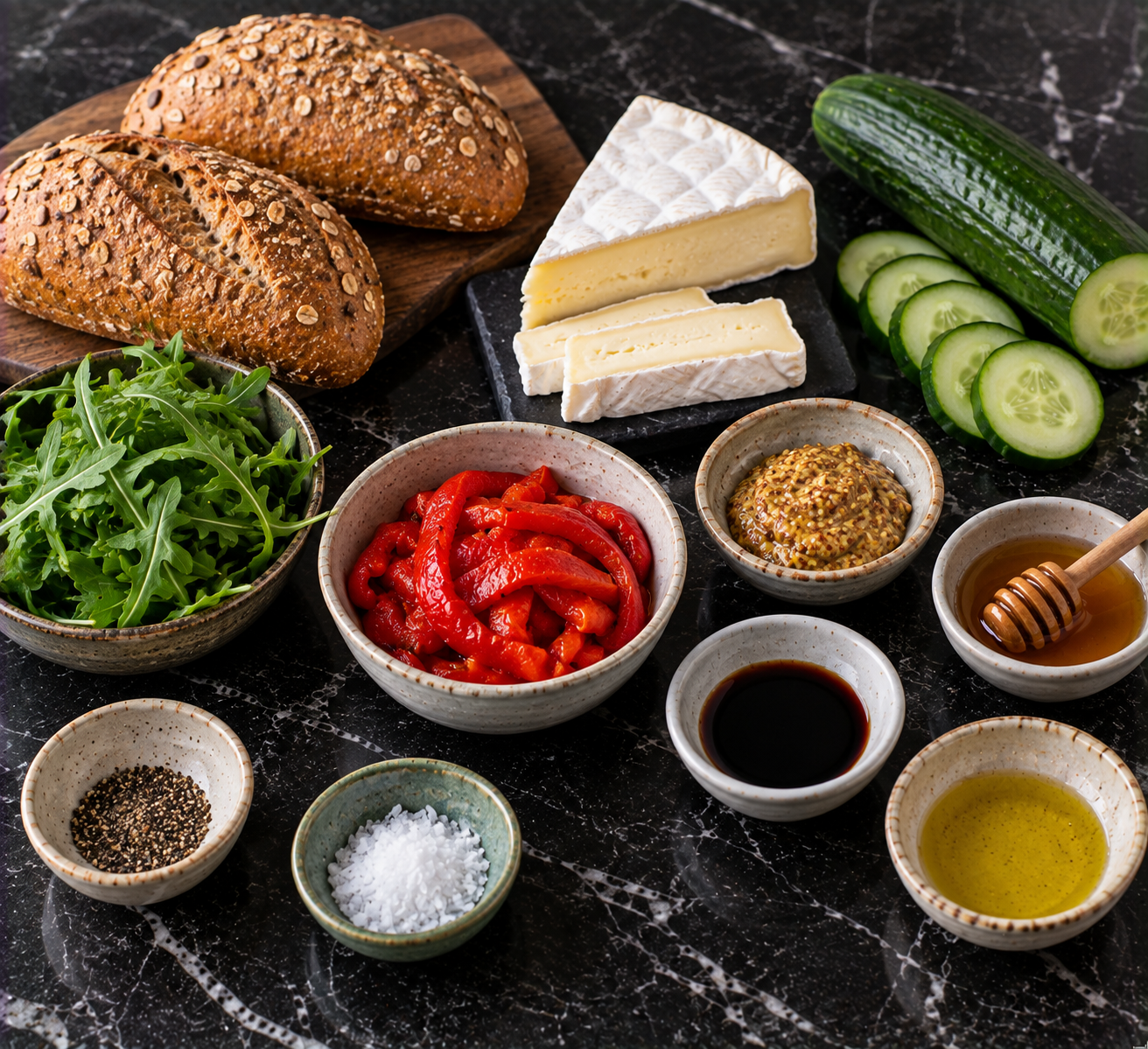 Ingrediënten voor Krokant broodje brie met komkommer & honingmosterd