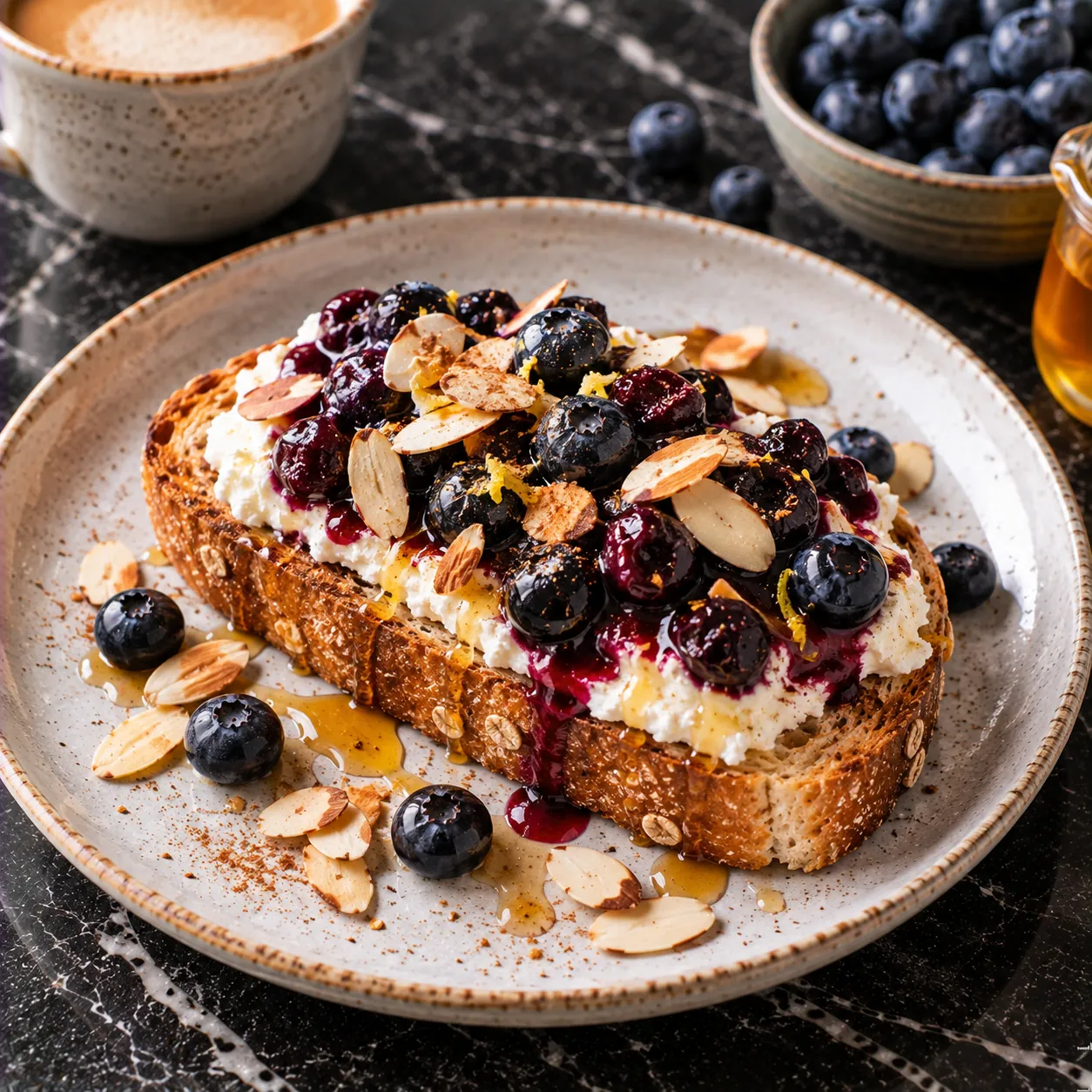 Warm Breakfast Toast with Ricotta, Blueberries & Honey