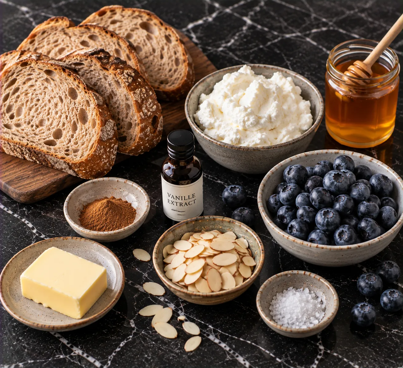Ingredients for Warm Breakfast Toast with Ricotta, Blueberries & Honey