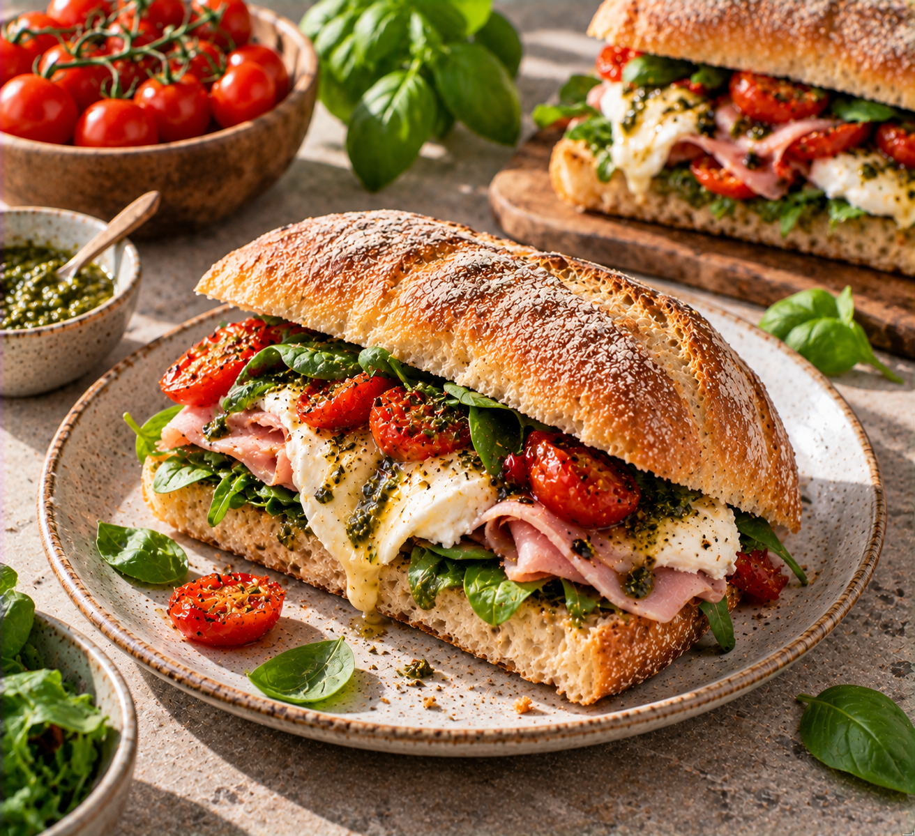 Krokant ontbijtbrood met ham, mozzarella & tomaat