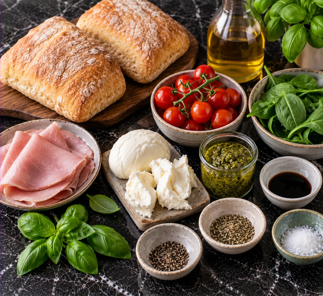 Ingredients for Crispy Breakfast Bread with Ham, Mozzarella & Tomato