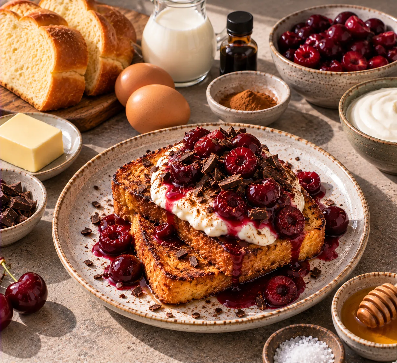 French Toast with Warm Cherries & Vanilla Quark