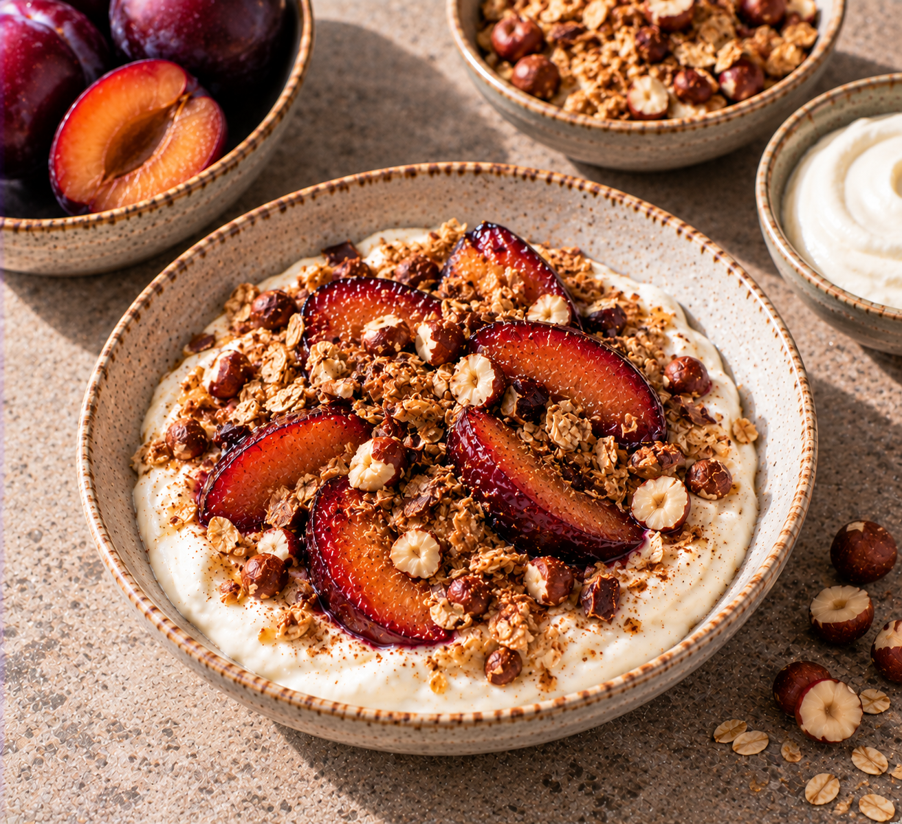 Vanilleyoghurt met warme pruimen & krokante haver