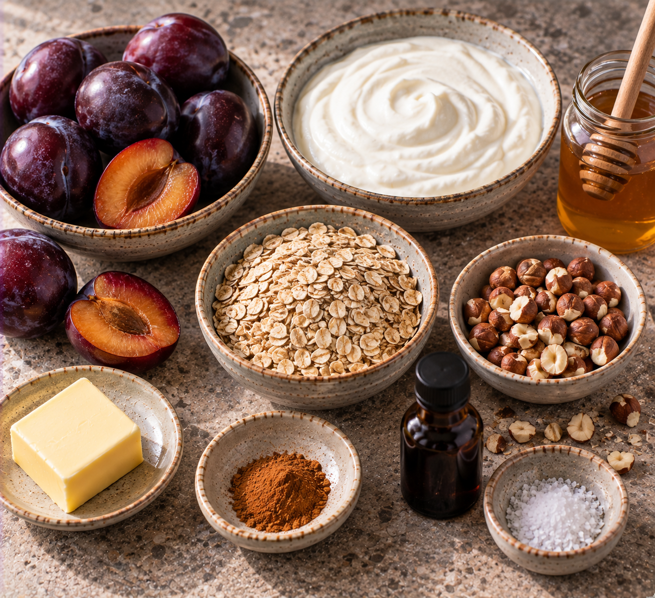Ingrediënten voor Vanilleyoghurt met warme pruimen & krokante haver