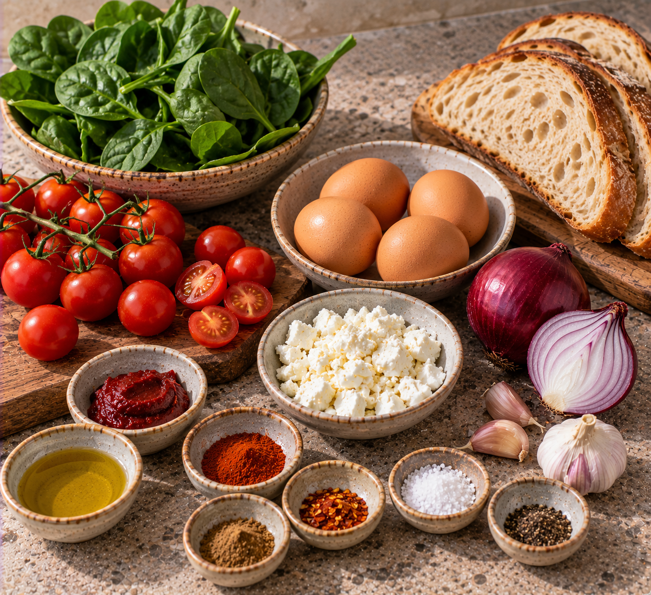 Ingrediënten voor Gebakken eieren met kruidige tomaat, spinazie & feta