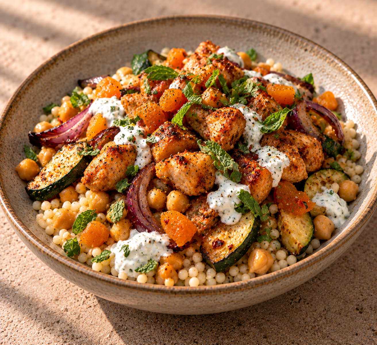 Couscousbowl met kruidige kip, abrikoos & muntcrème