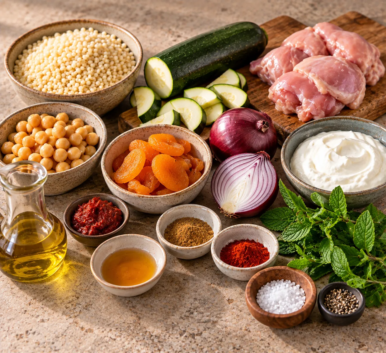 Ingredients for Couscous Bowl with Spiced Chicken, Apricot & Mint Cream