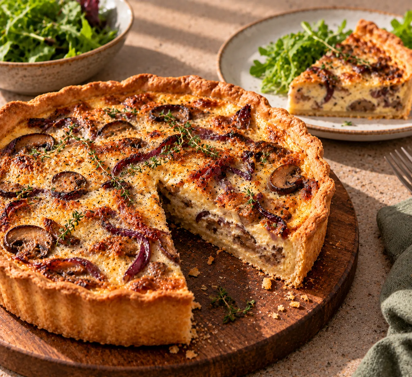 Quiche with caramelised onion, mushrooms & Gruyère