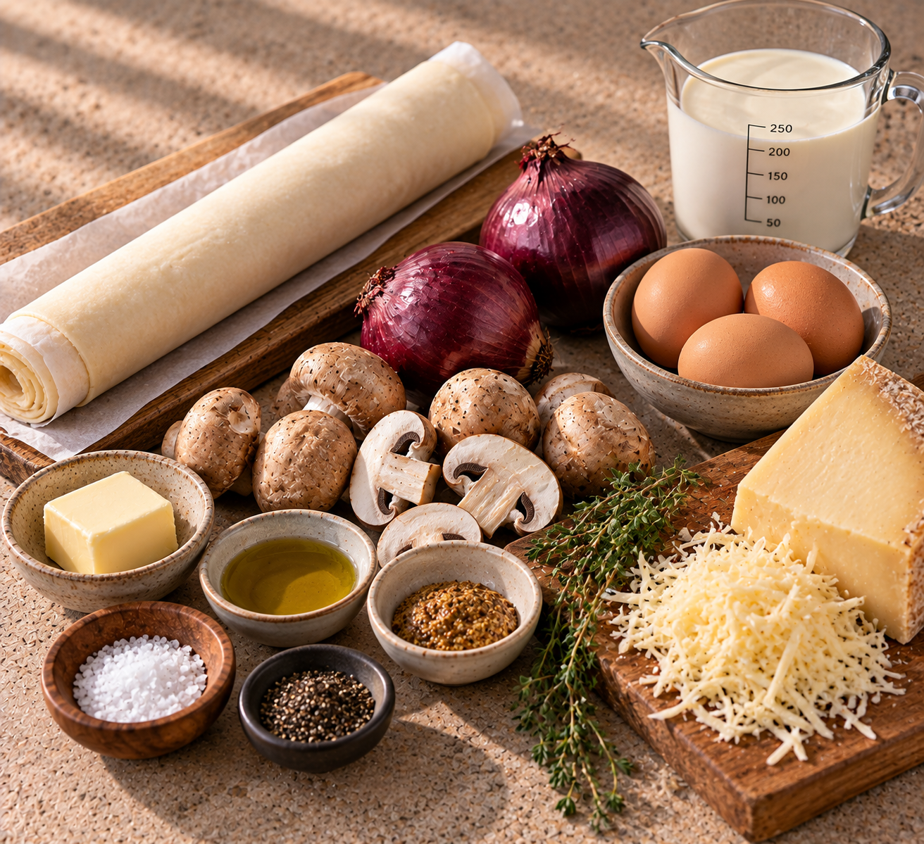 Ingrediënten voor Quiche met gekaramelliseerde ui, champignons & Gruyère