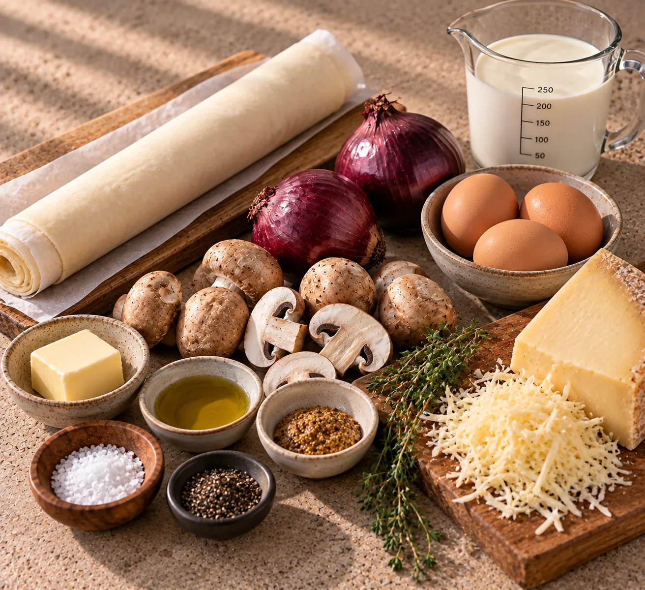 Ingredients for Quiche with caramelised onion, mushrooms & Gruyère