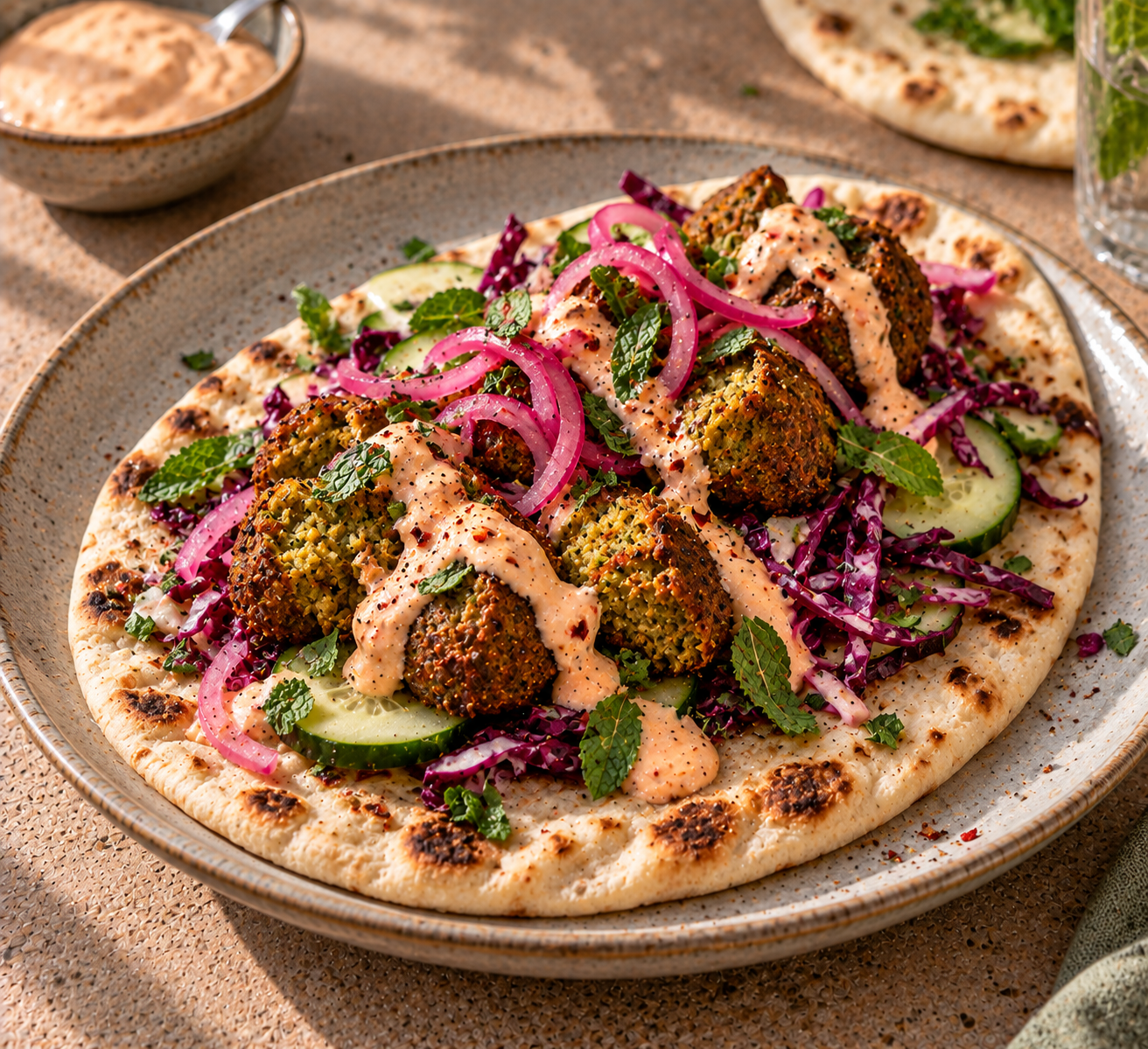Flatbread met falafel, ingelegde ui & harissa-yoghurt