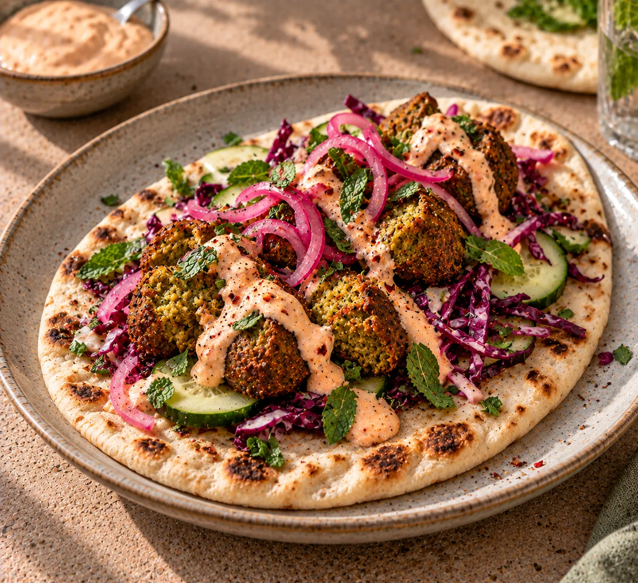 Flatbread with falafel, pickled onion & harissa-yogurt