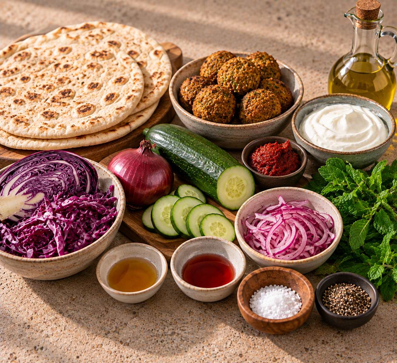 Ingrediënten voor Flatbread met falafel, ingelegde ui & harissa-yoghurt