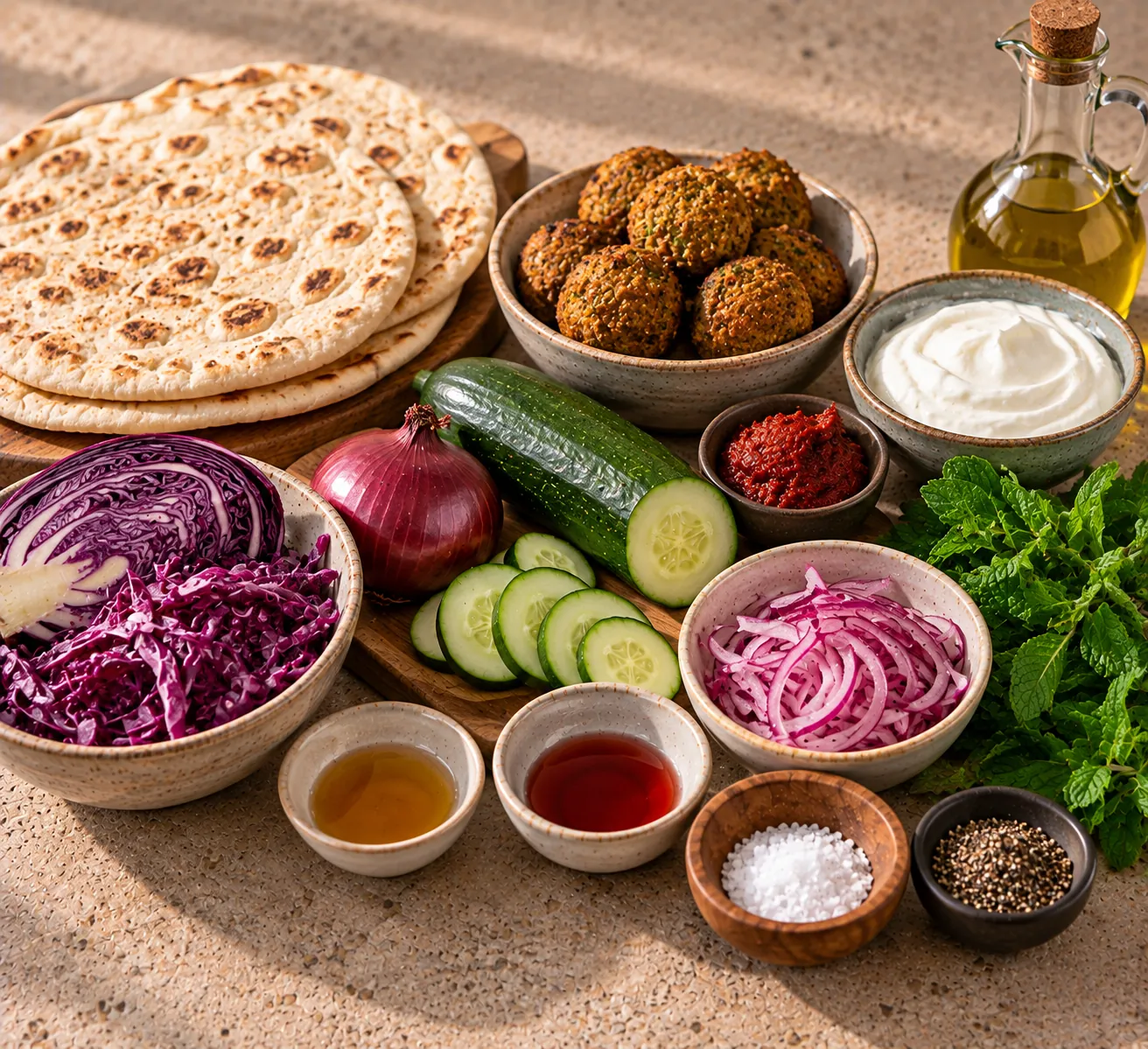 Ingredients for Flatbread with falafel, pickled onion & harissa-yogurt