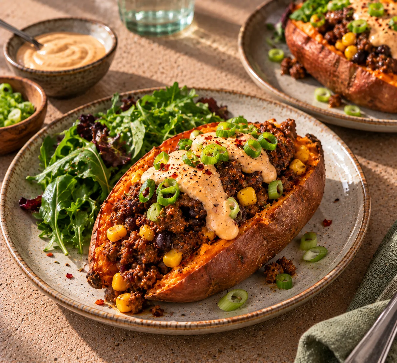 Stuffed sweet potato with spiced mince & chipotle cream