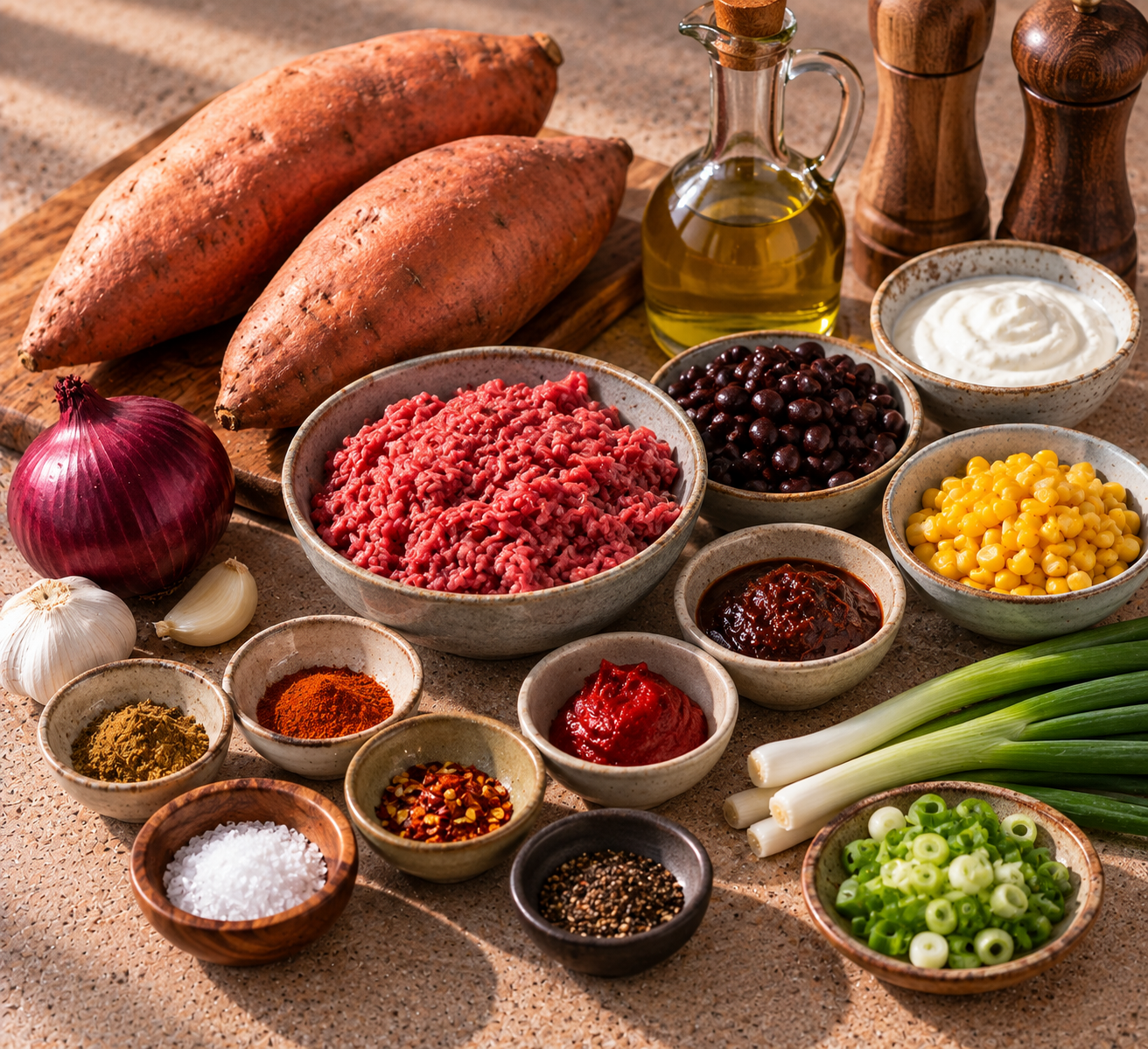 Ingrediënten voor Gevulde zoete aardappel met kruidig gehakt & chipotlecrème
