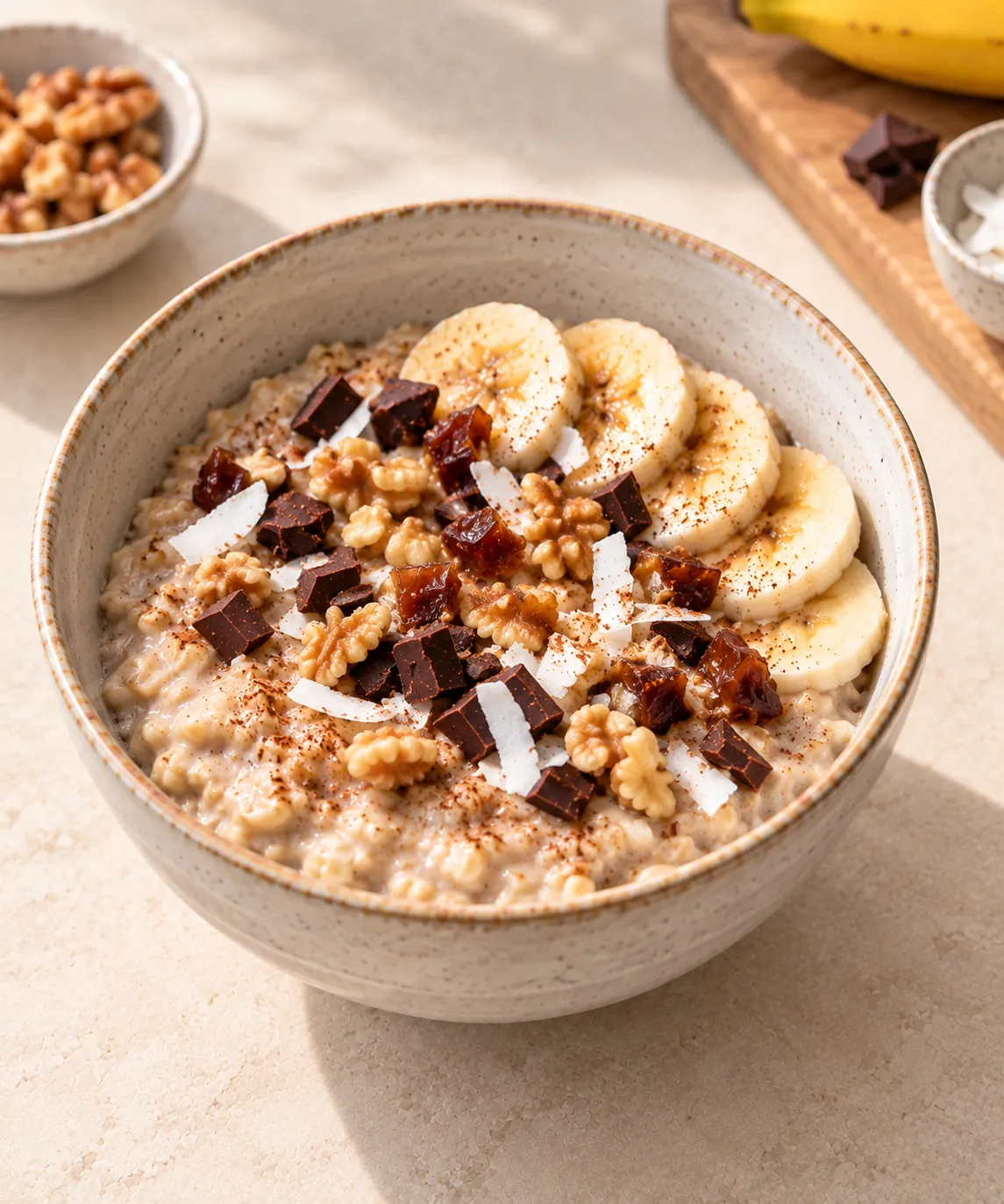 Creamy Banana Oatmeal with Dark Chocolate and Walnuts