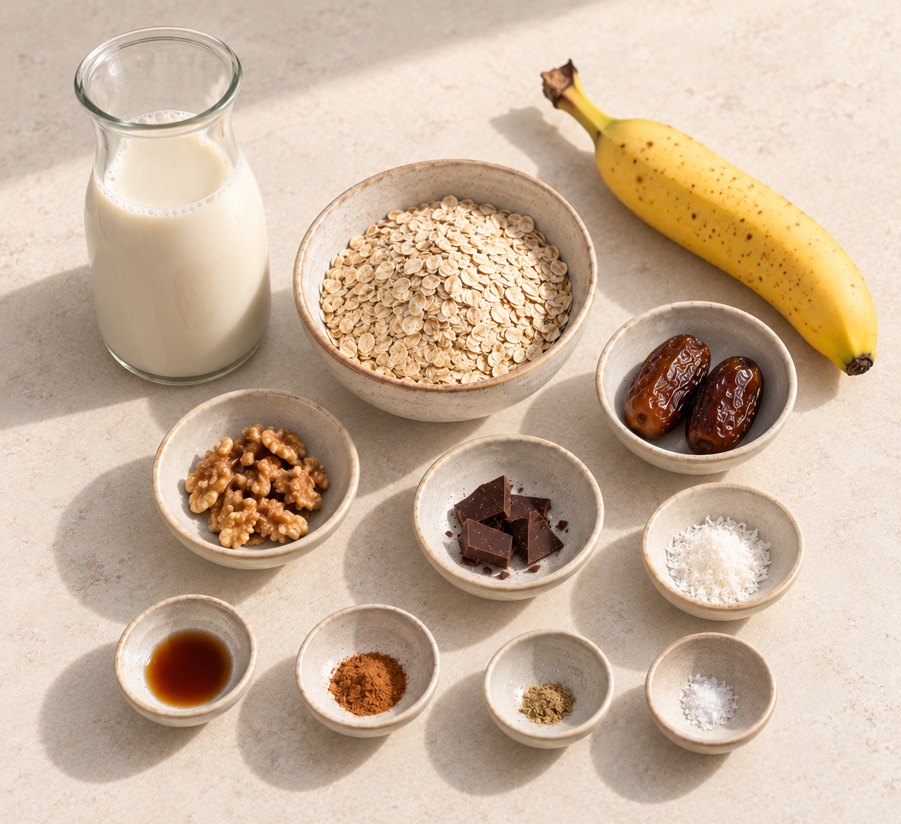 Ingrediënten voor Romige bananenhavermout met pure chocolade en walnoten