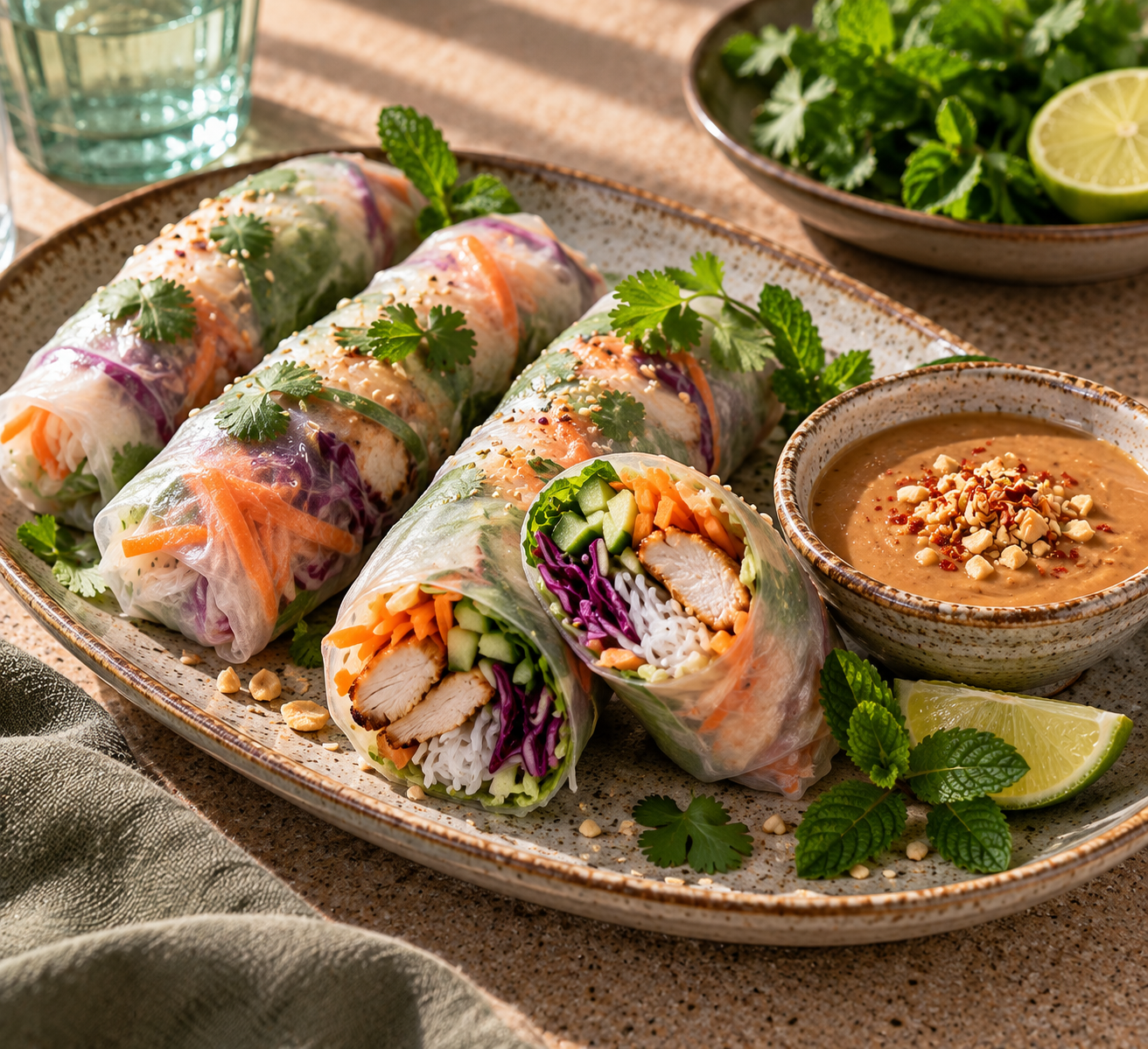 Vietnamese summer rolls met kruidige kip & pindadip