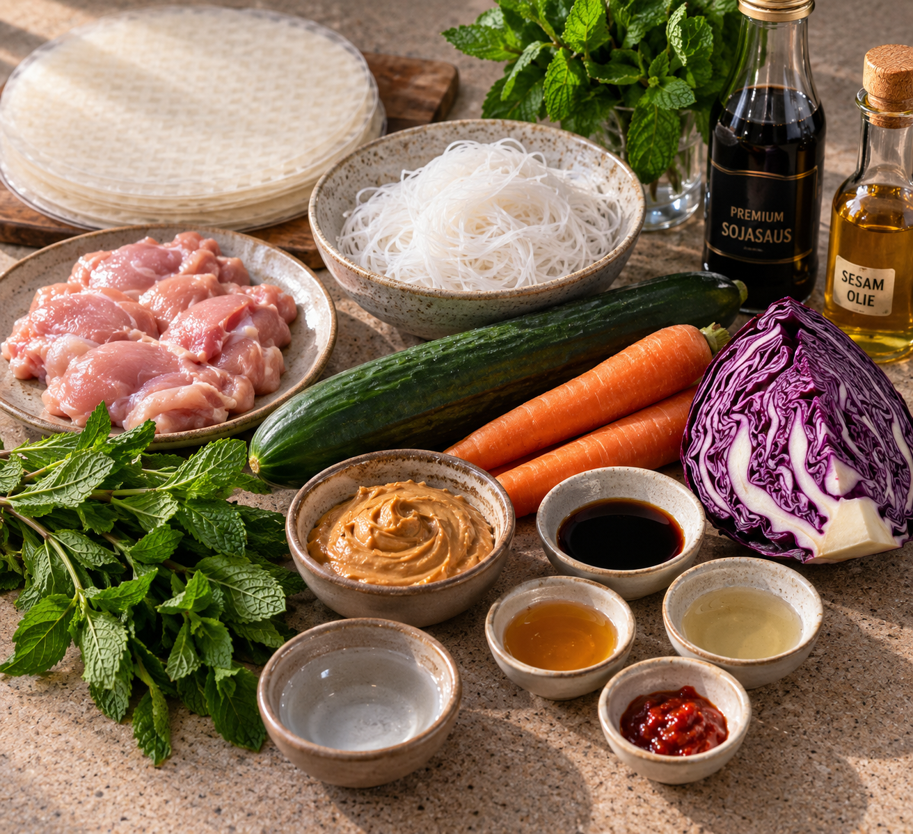 Ingrediënten voor Vietnamese summer rolls met kruidige kip & pindadip