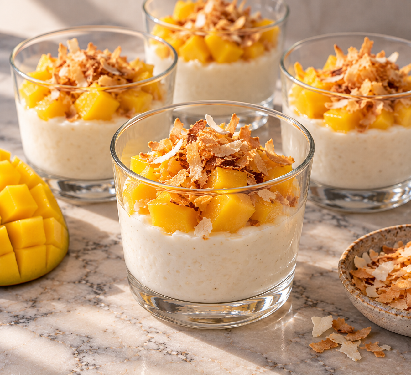 Kokospudding met mango & geroosterde kokos