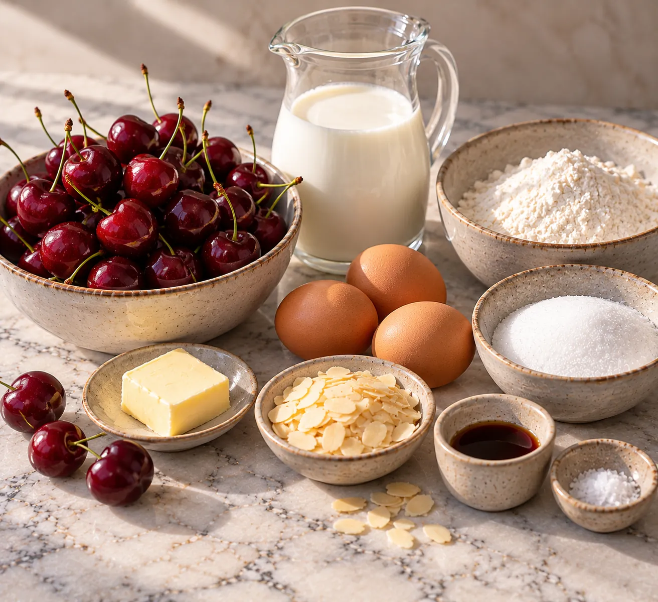 Ingredients for Warm Cherry Clafoutis with Almond & Vanilla