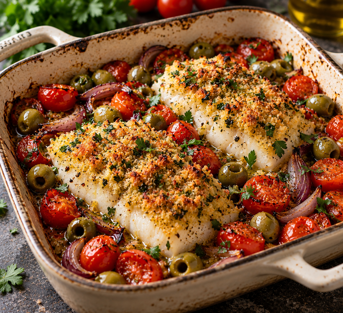 Kabeljauw uit de oven met tomaat, olijven & kruidenkorst