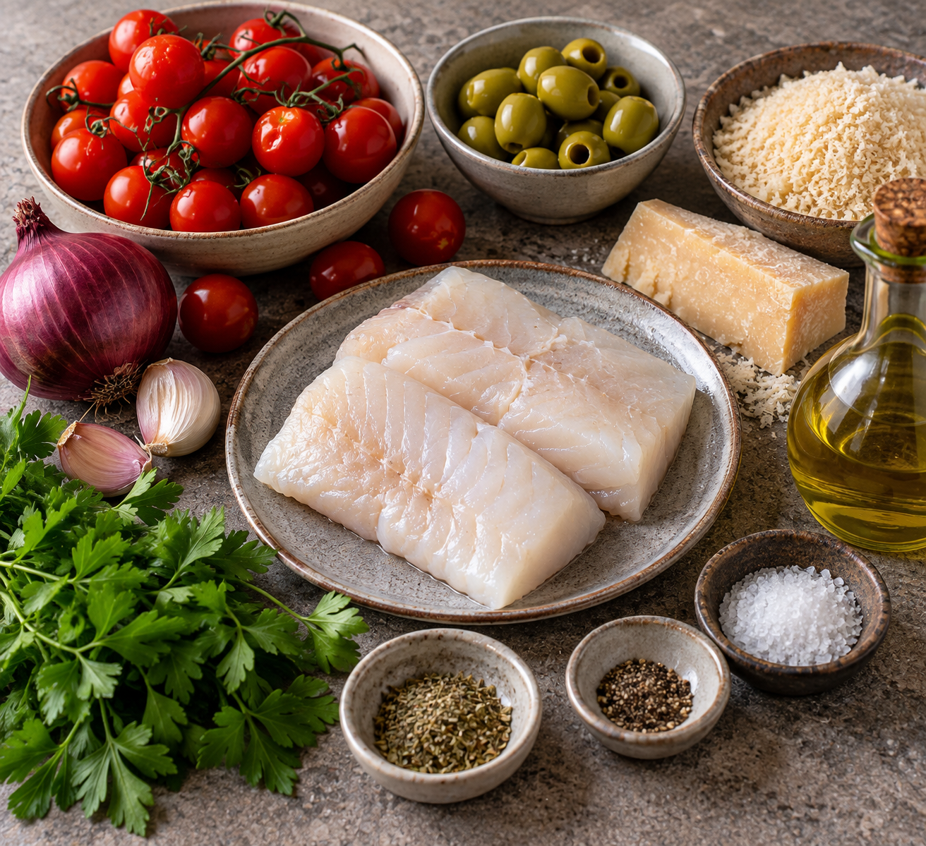 Ingrediënten voor Kabeljauw uit de oven met tomaat, olijven & kruidenkorst