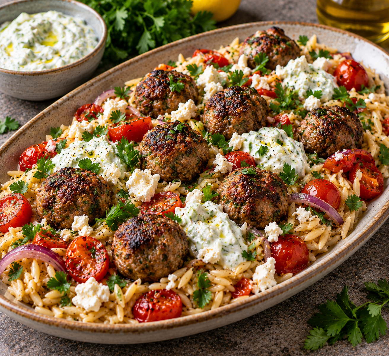 Griekse gehaktballetjes met orzo & tzatziki