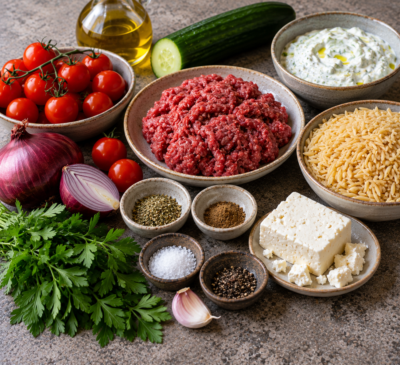 Ingrediënten voor Griekse gehaktballetjes met orzo & tzatziki