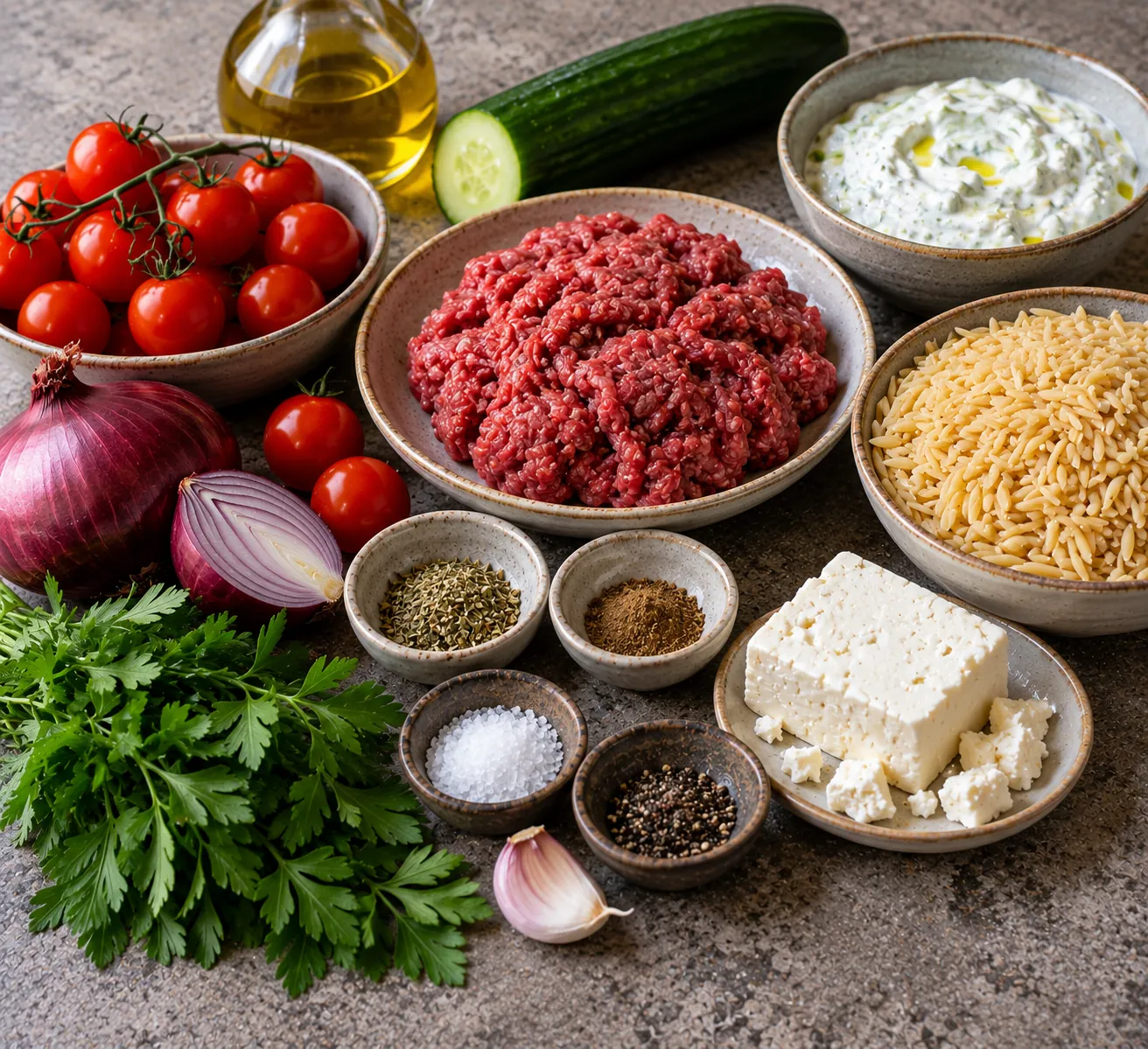 Ingredients for Greek Meatballs with Orzo & Tzatziki