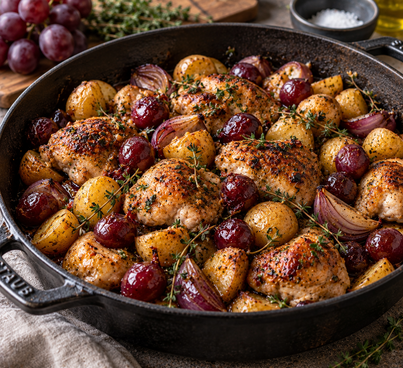 Kip uit de oven met druiven, tijm & aardappeltjes