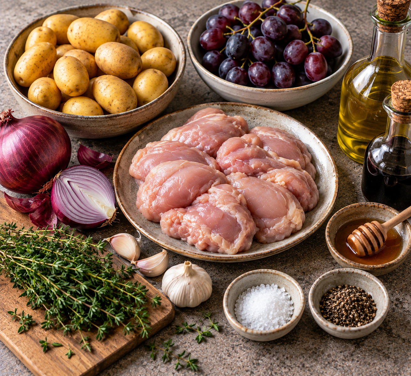 Ingrediënten voor Kip uit de oven met druiven, tijm & aardappeltjes