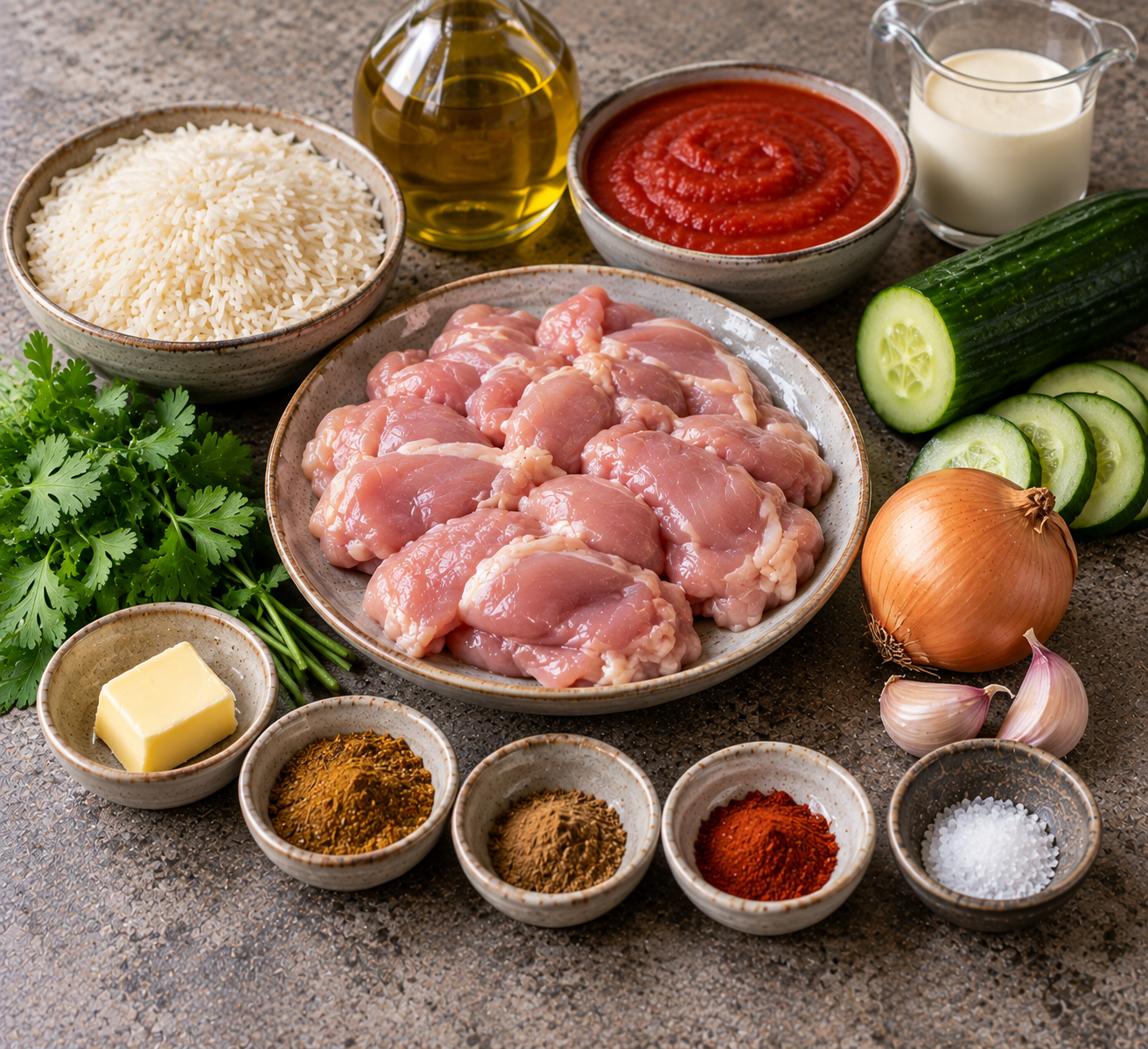 Ingredients for Butter Chicken with Rice & Fresh Cucumber