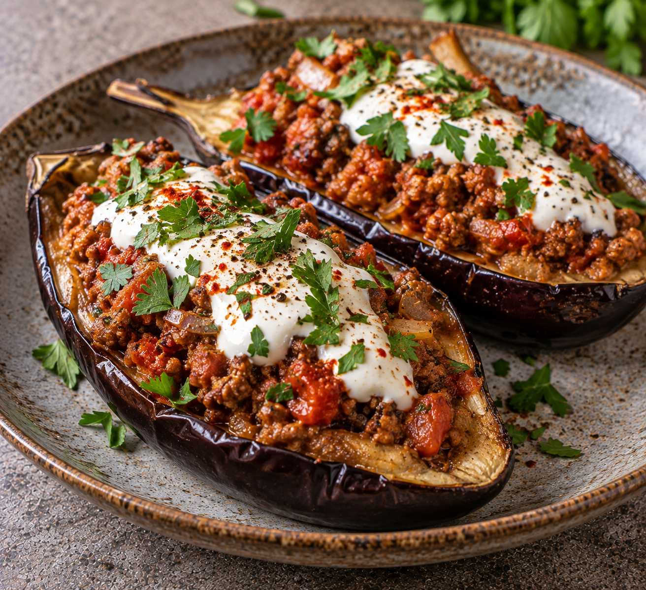 Gevulde aubergine met kruidig gehakt & yoghurt