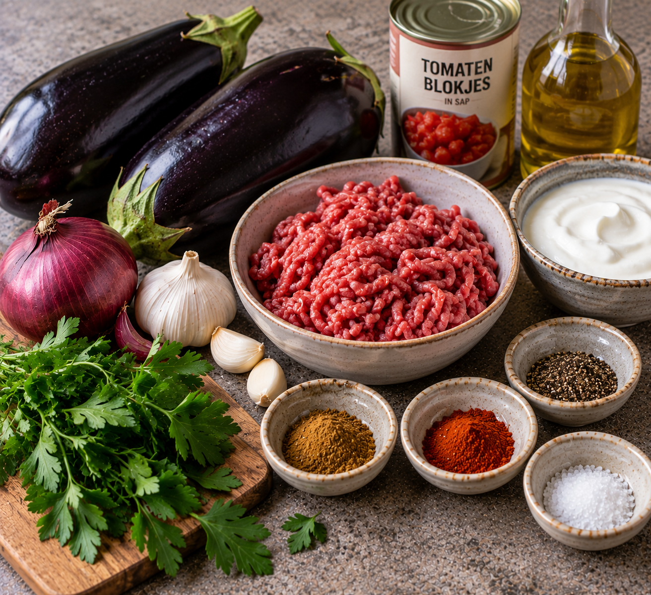 Ingrediënten voor Gevulde aubergine met kruidig gehakt & yoghurt